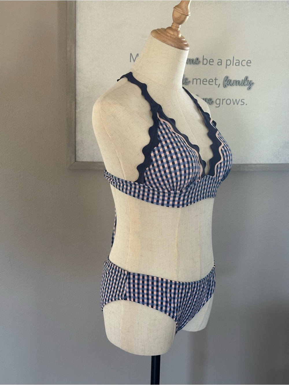 Xhilaration Navy and White Gingham Bikini with Scallop Trim - Picture 2 of 11